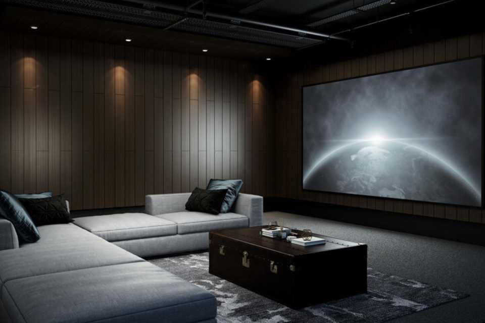 A photo of a basement home theater with a large screen TV, plush seating, and surround sound.